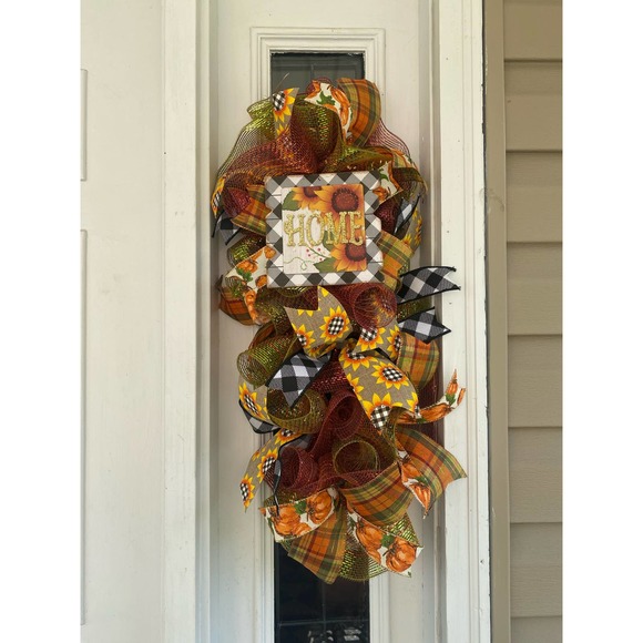3 Piece Fall Wreath & Swag Set Home Sweet Home Pumpkin Sunflower Door Hanger - Picture 3 of 8